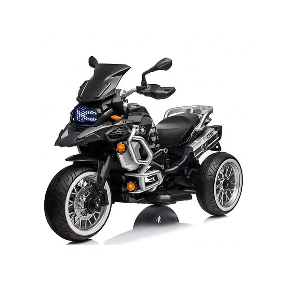 Black toy motorcycle with lights on a white background