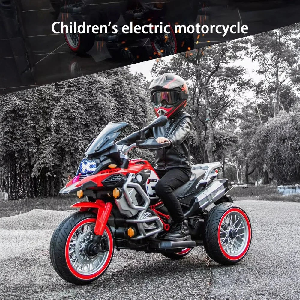 Children's electric motorcycle with a child wearing a helmet on a road.