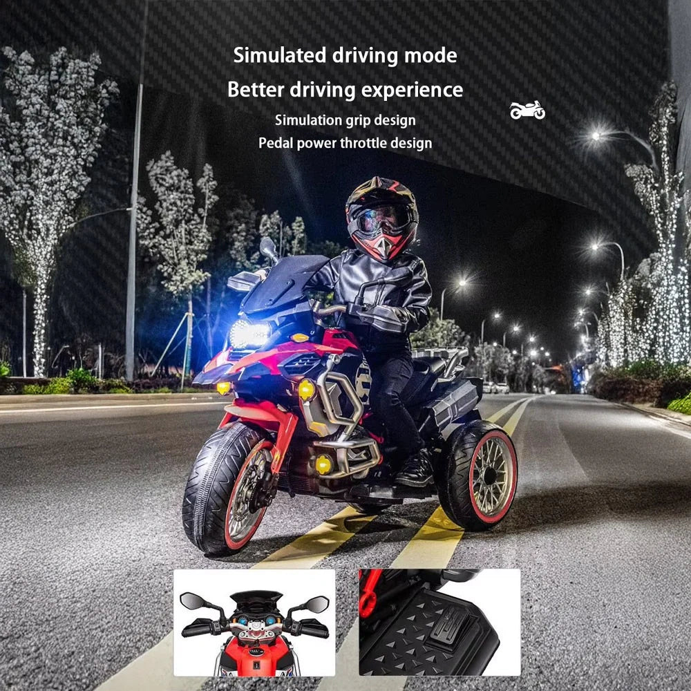 Child riding a toy motorcycle on a road at night with decorative lights.