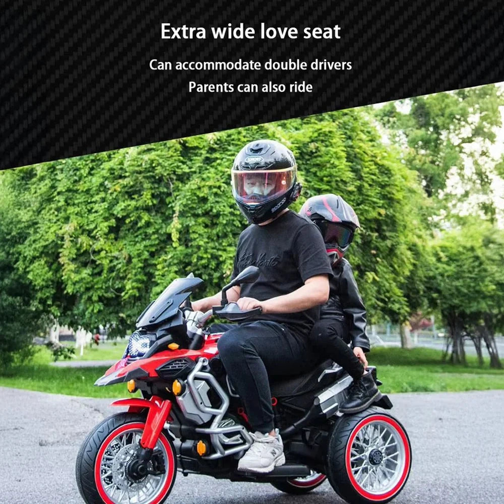 Two people riding a red and black motorcycle with an extra wide love seat feature.