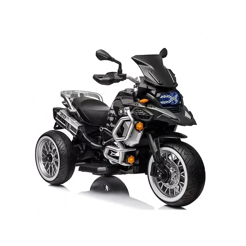 Black and gray toy motorcycle on a white background