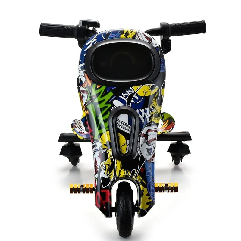 Colorful children's scooter with a patterned design on a white background