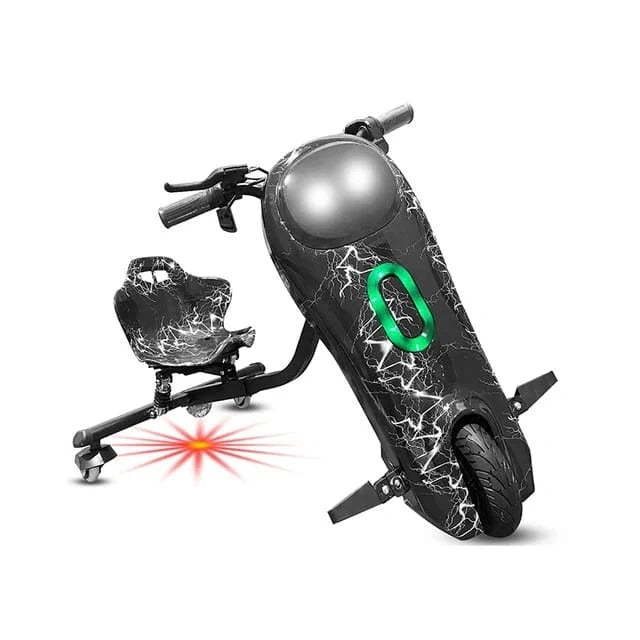 Black scooter with spider web design and green letter 'O' on a white background