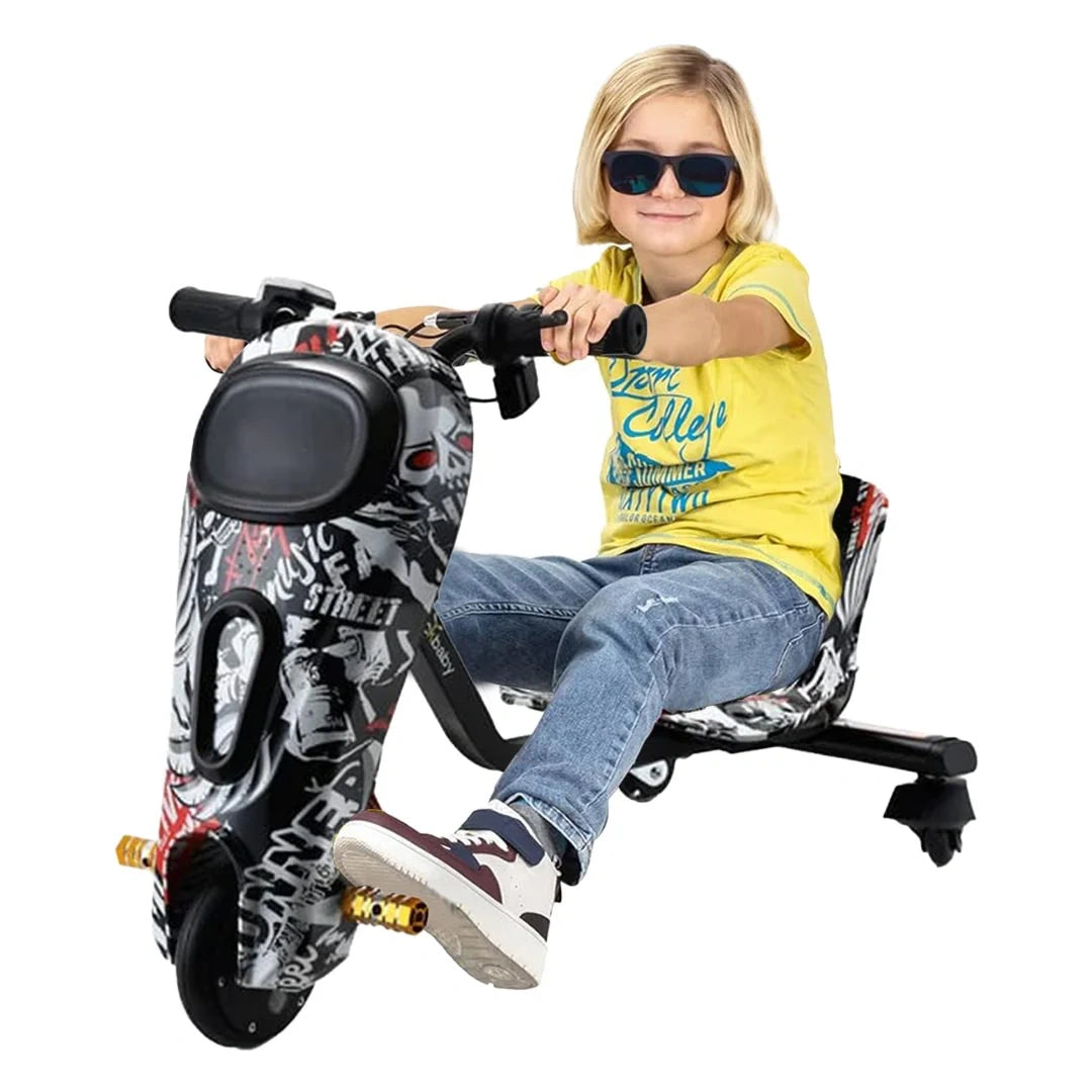 Child sitting on a toy scooter with a white background