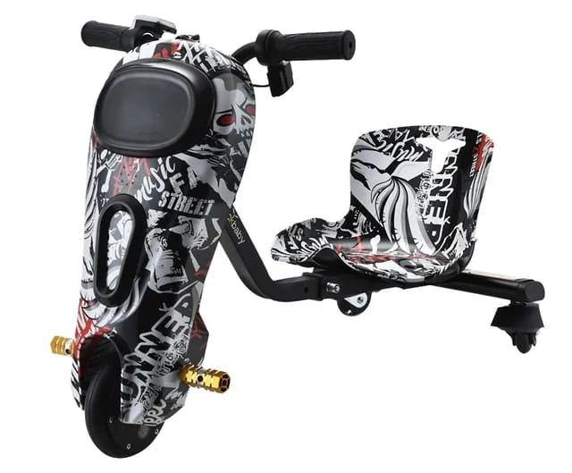 Children's scooter with a black and white design on a white background