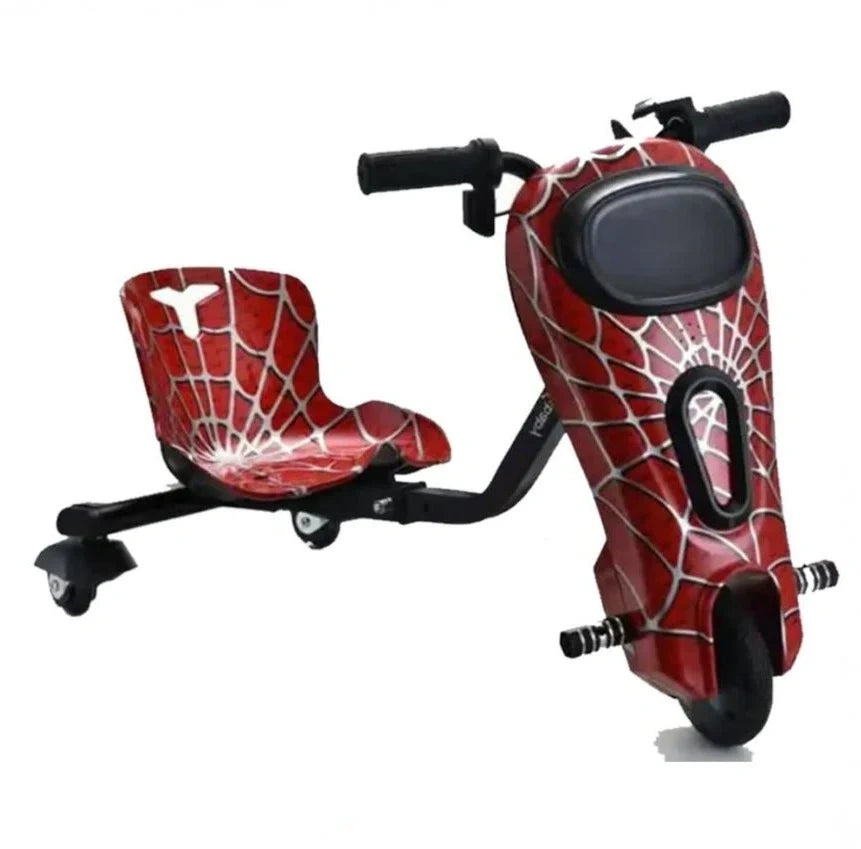 Red and black spider-web patterned scooter with a seat on a white background