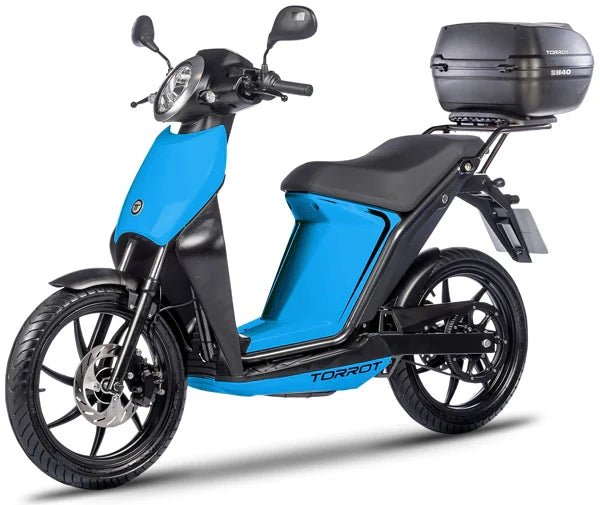 Blue and black scooter with a Torrot logo on a white background
