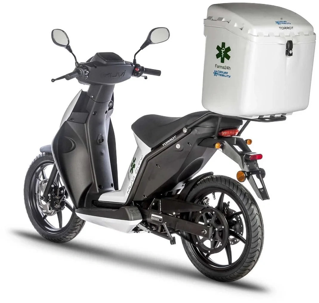 Gray scooter with a white cargo box on a white background
