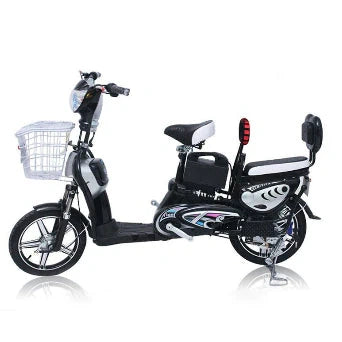 Electric bicycle with basket and seat on a white background
