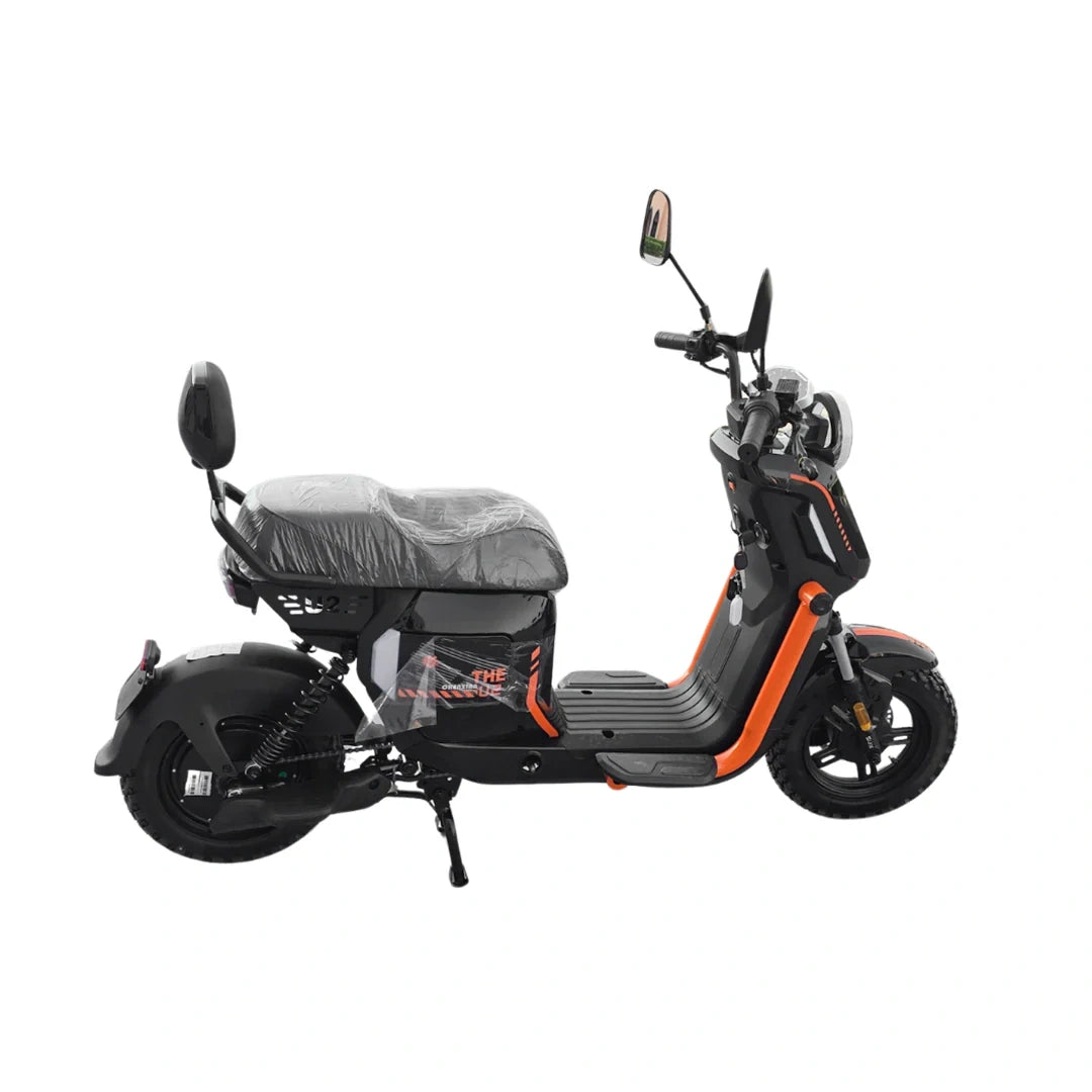 Black and orange electric scooter on a white background
