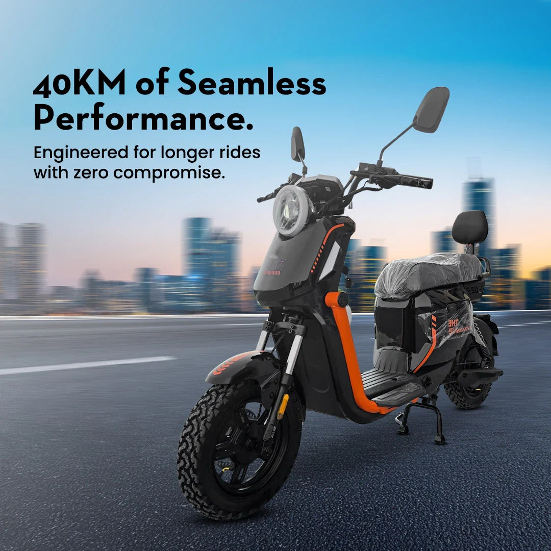 Electric scooter on a road with cityscape background and text about performance.