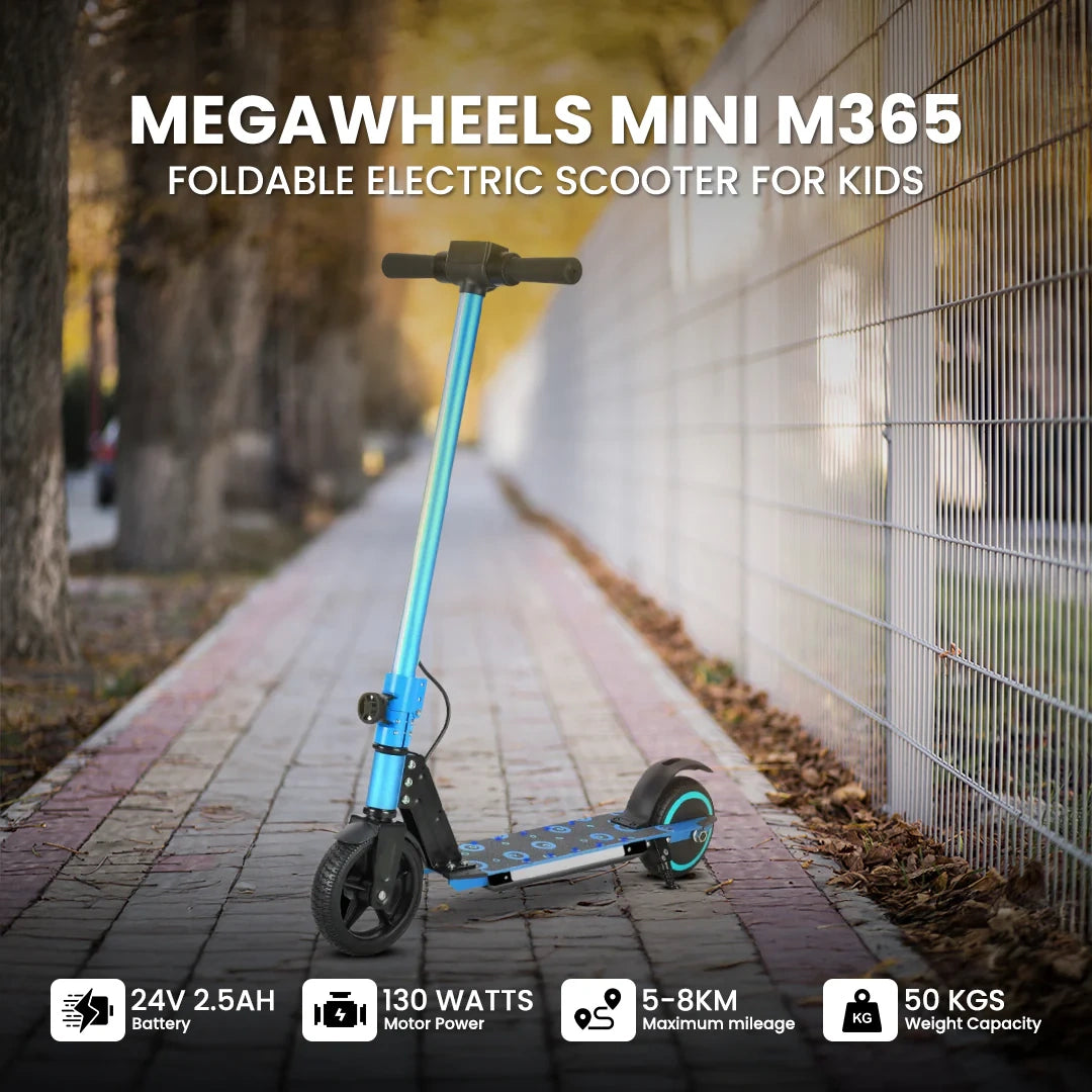 Foldable electric scooter for kids on a sidewalk with product details displayed.