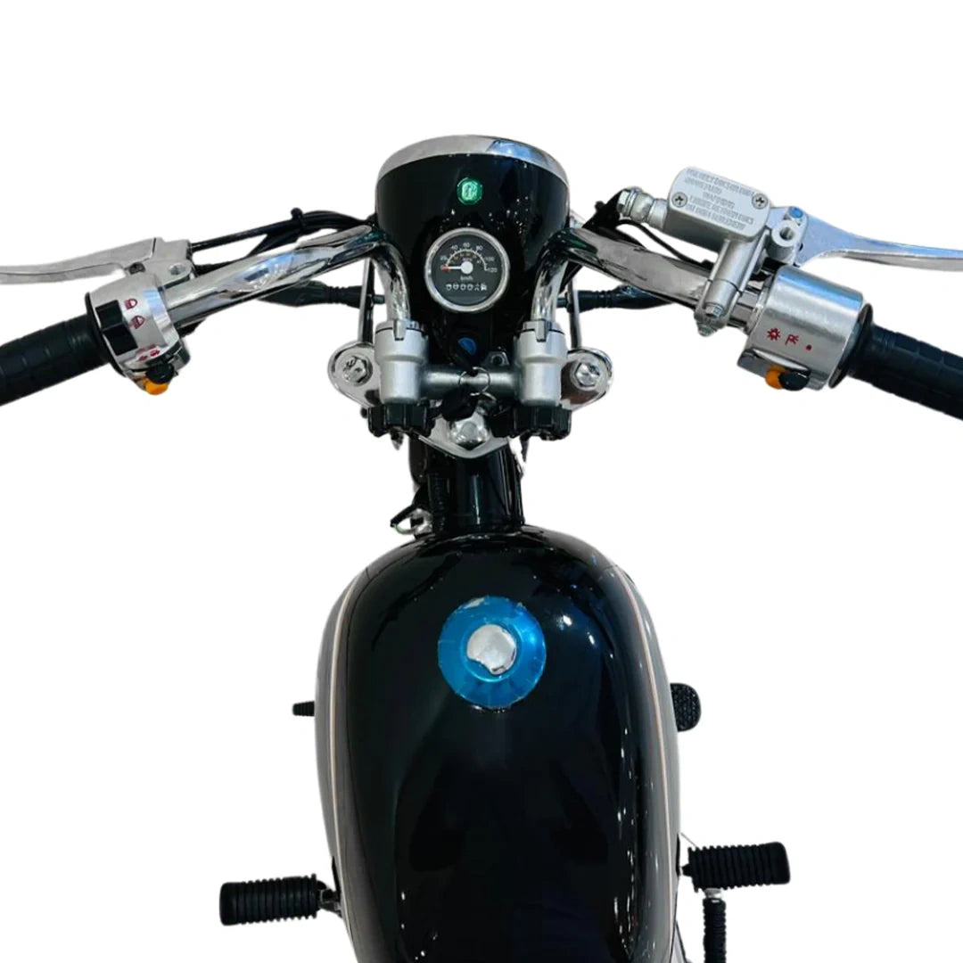 Close-up of a motorcycle handlebar with dashboard on a white background
