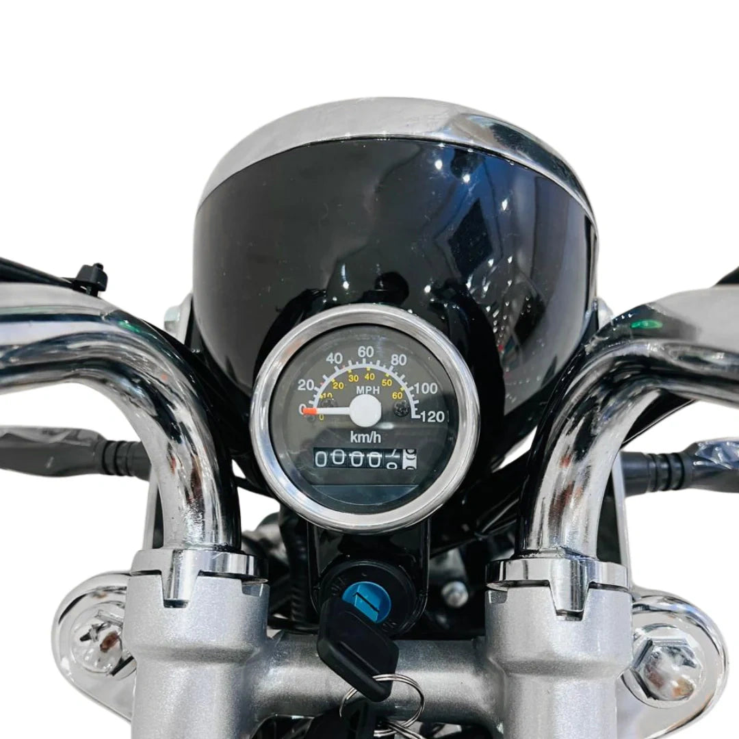 Close-up of a motorcycle's speedometer and handlebars on a white background