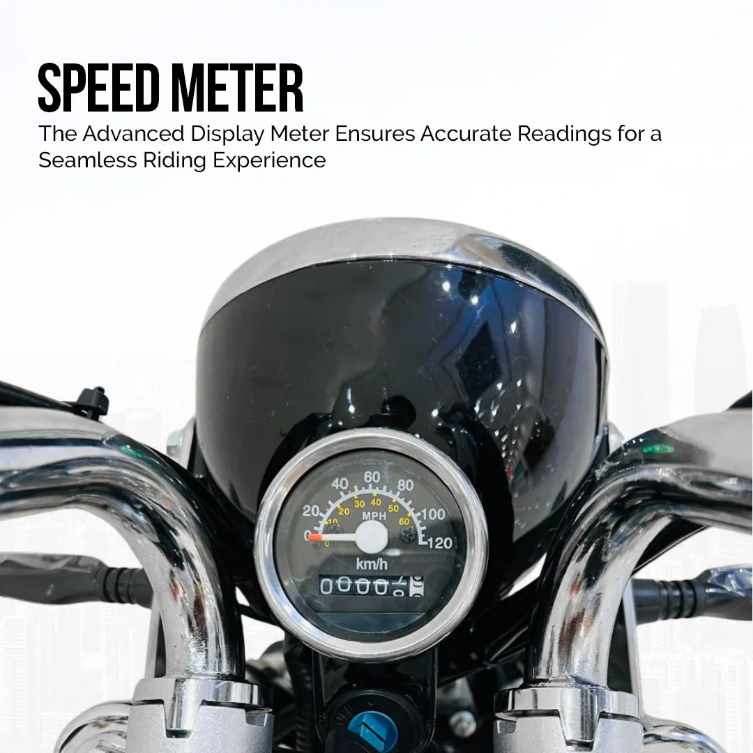 Motorcycle speedometer with text about accurate readings