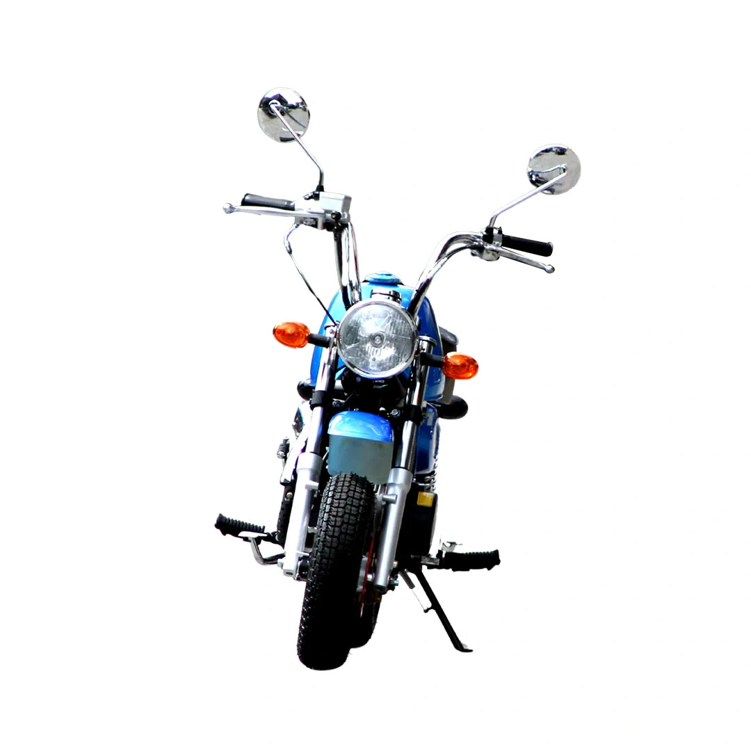 Blue motorcycle with chrome details on a white background