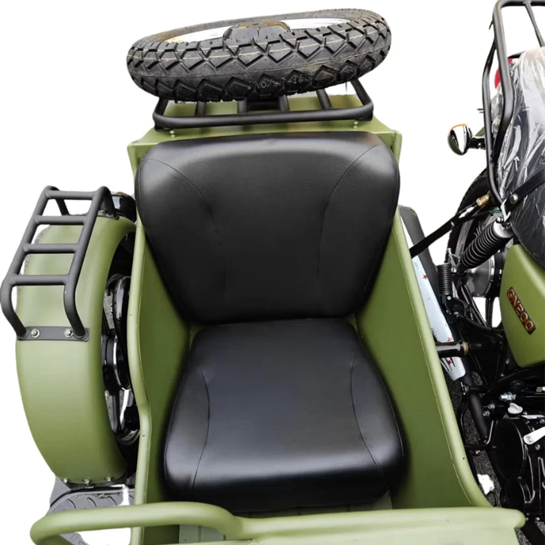 Green motorcycle with black seat and tire on top