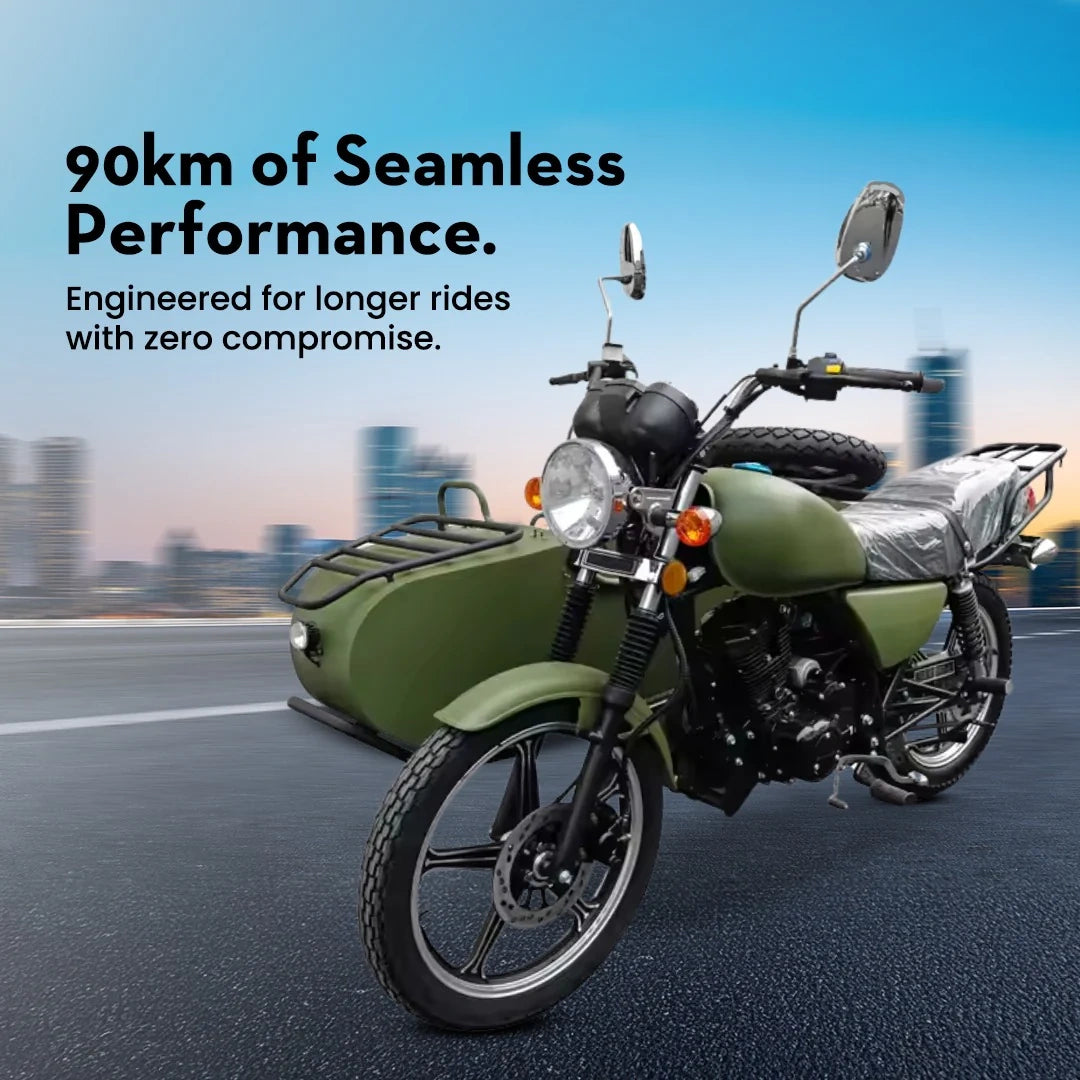 Green motorcycle with sidecar on a road with a cityscape in the background, featuring text about performance.