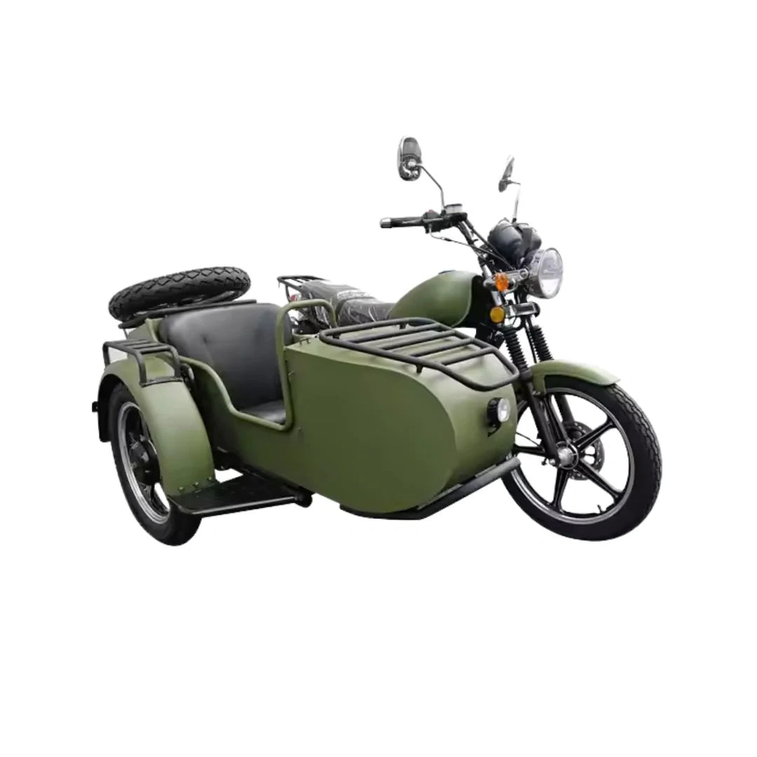 Green sidecar motorcycle on a white background