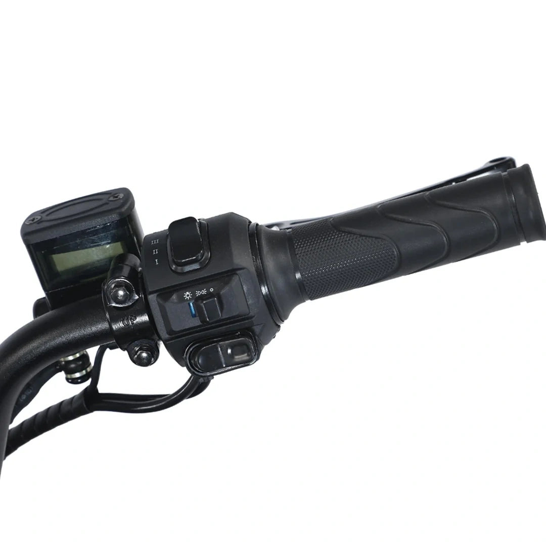 Close-up of a motorcycle handlebar with control panel on a white background