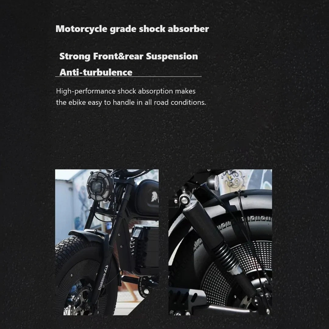Motorcycle grade shock absorber with text on a black background