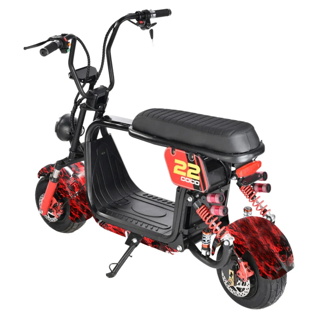 Black and red electric scooter with flame design on a white background