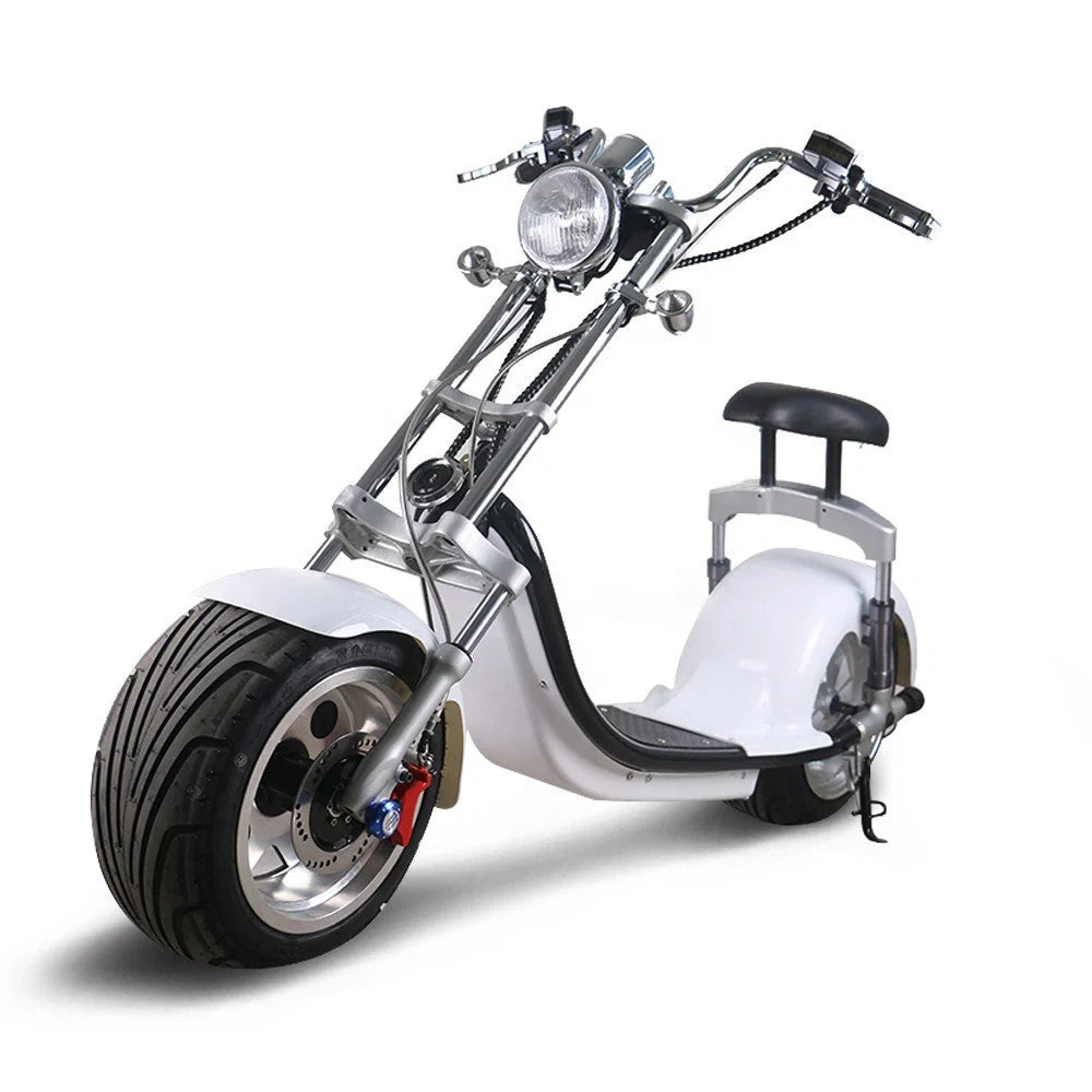 White and black three-wheeled motorcycle on a white background