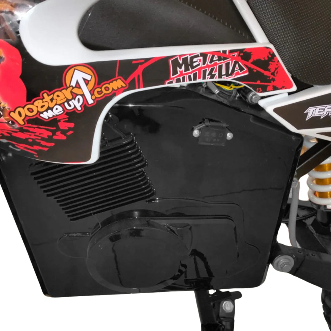 Close-up of a motorcycle with visible branding and stickers on a white background