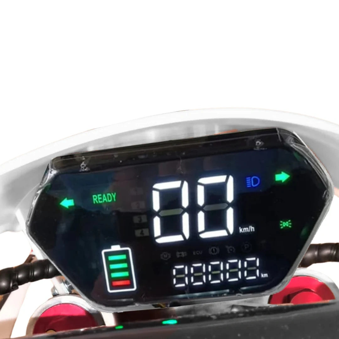 Digital display of a scooter with various indicators on a white background
