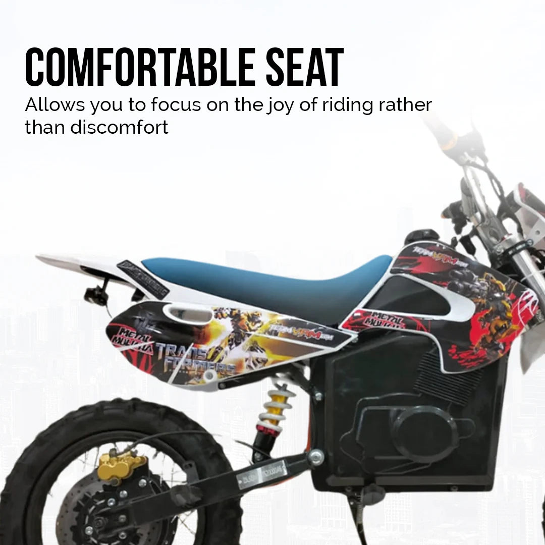 Motorcycle with a comfortable seat feature highlighted on a white background