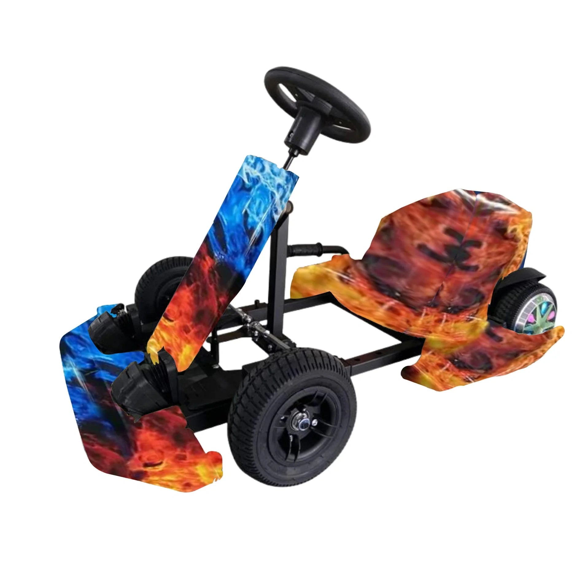 Children's go-kart with flame-patterned seat and body on a white background