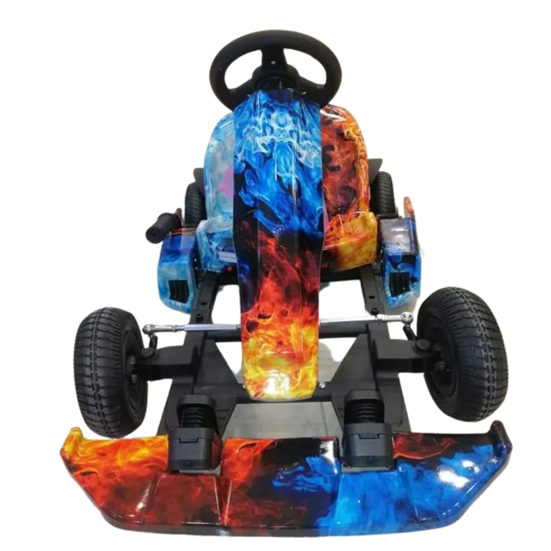 Colorful toy go-kart with flame design on a white background