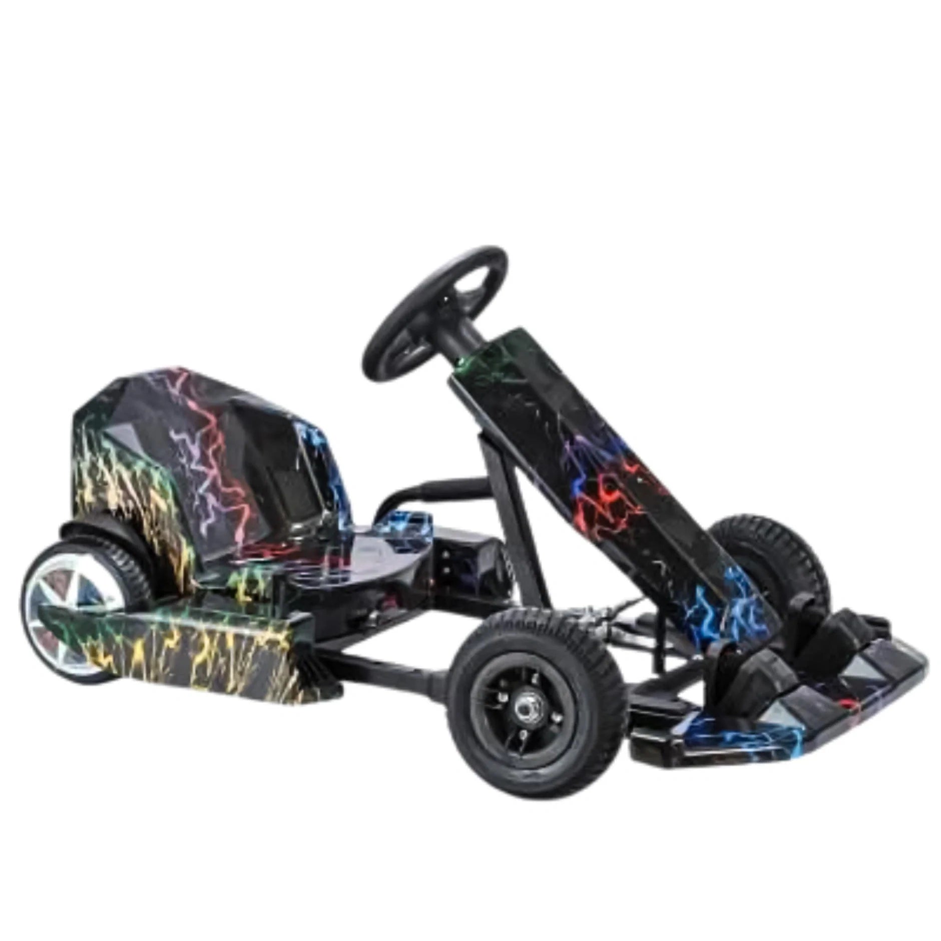 Children's go-kart with colorful flame design on a white background