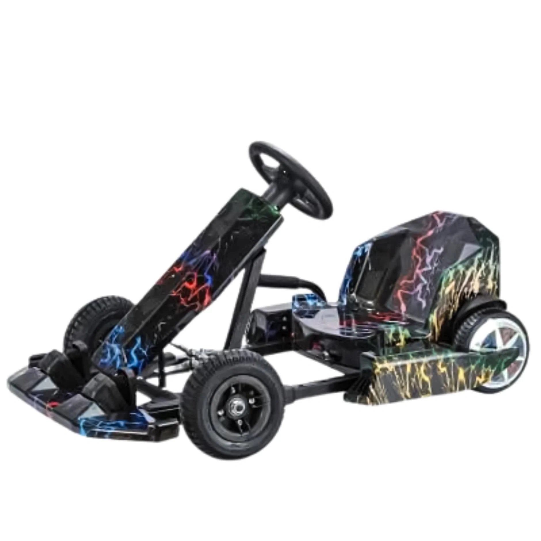 Colorful children's go-kart with a black steering wheel on a white background