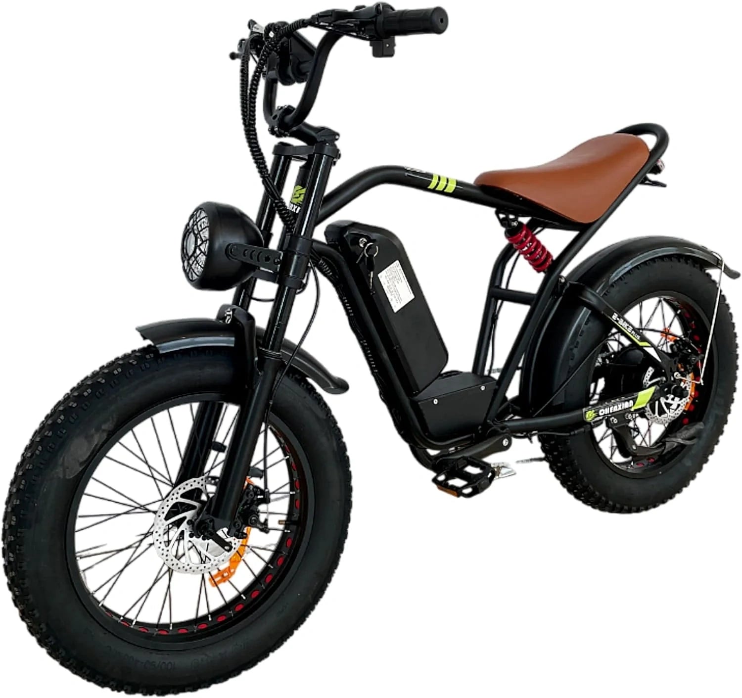Black electric bike with brown seat on a white background
