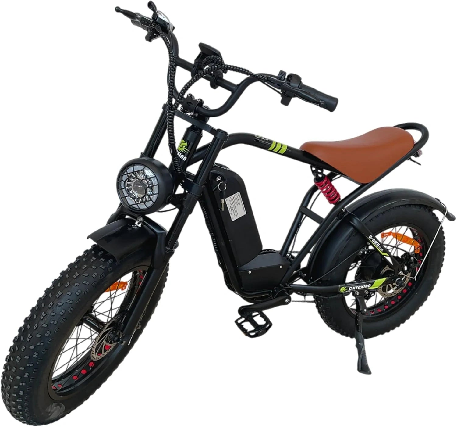 Black electric bike with a brown seat on a white background