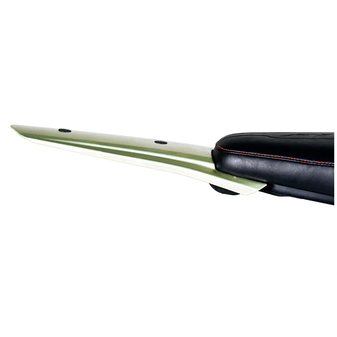 Close-up of a fishing rod with a green handle on a white background