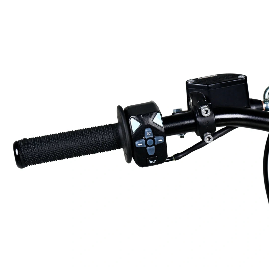 Close-up of a motorcycle handlebar with control buttons on a white background