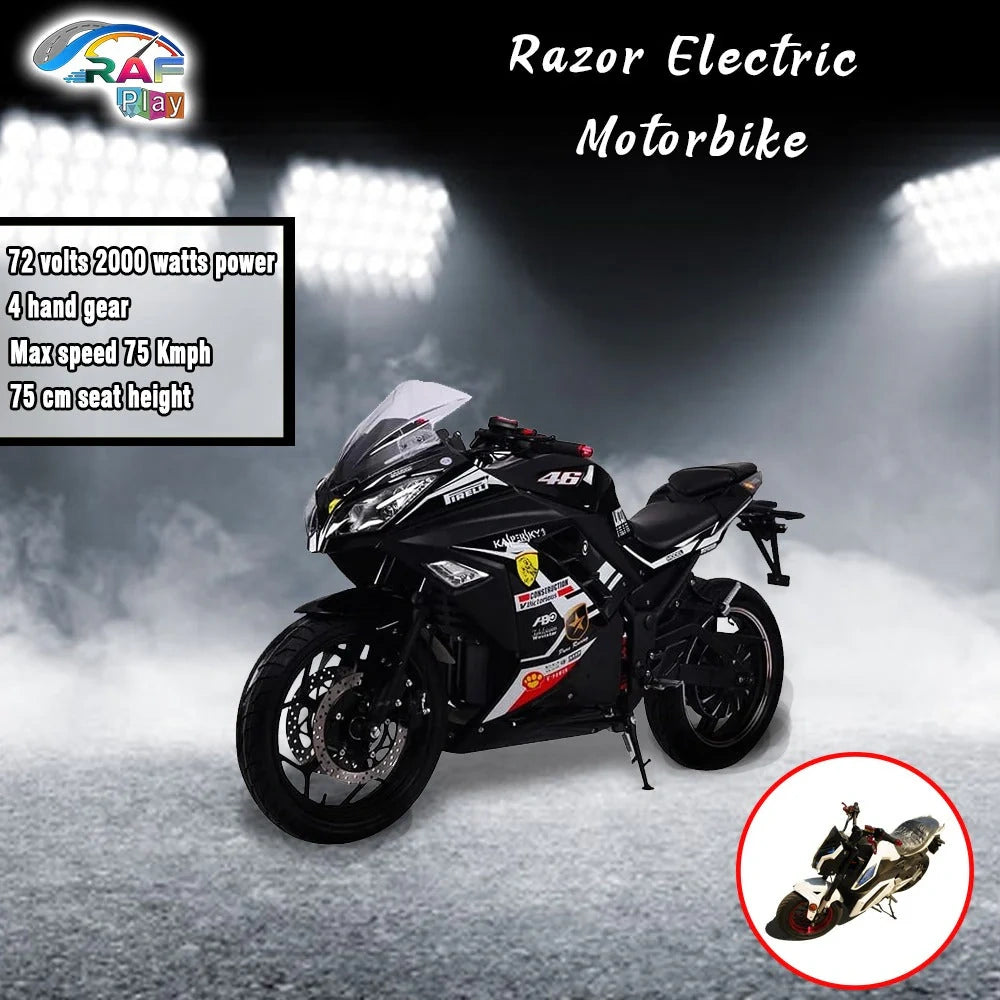 Razor Electric Motorbike with specifications on a dark background