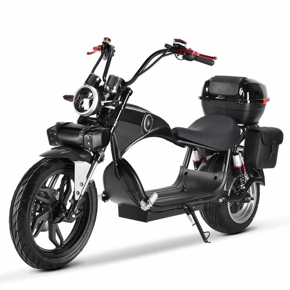 Black electric scooter with storage compartments on a white background