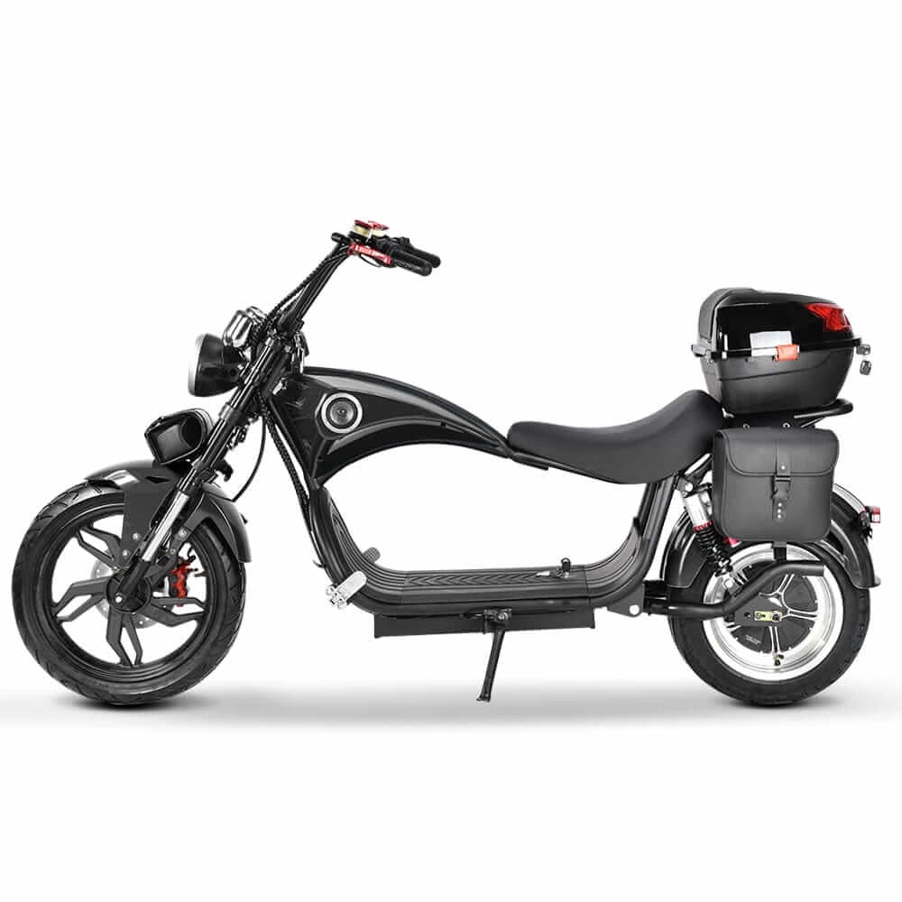 Black electric scooter with a storage box on a white background