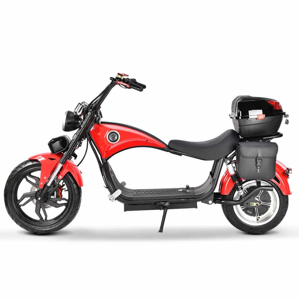 Red electric scooter with a black seat and storage compartment on a white background