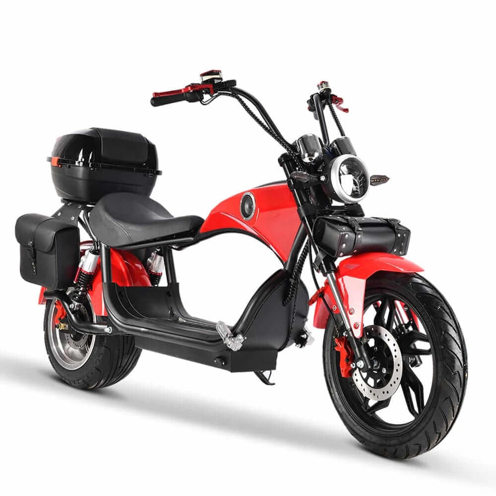 Red and black electric scooter on a white background