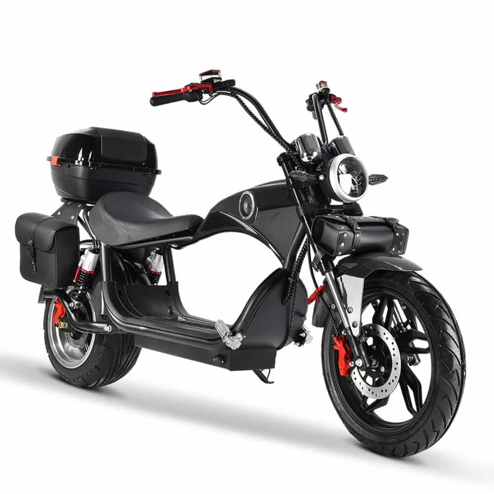 Black electric scooter with a small black box on a white background