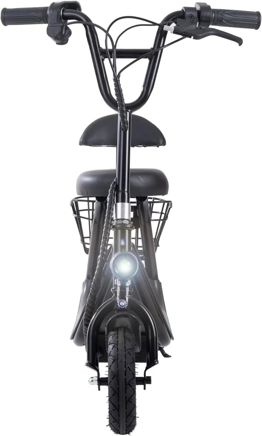 Black electric bike with front light on a white background