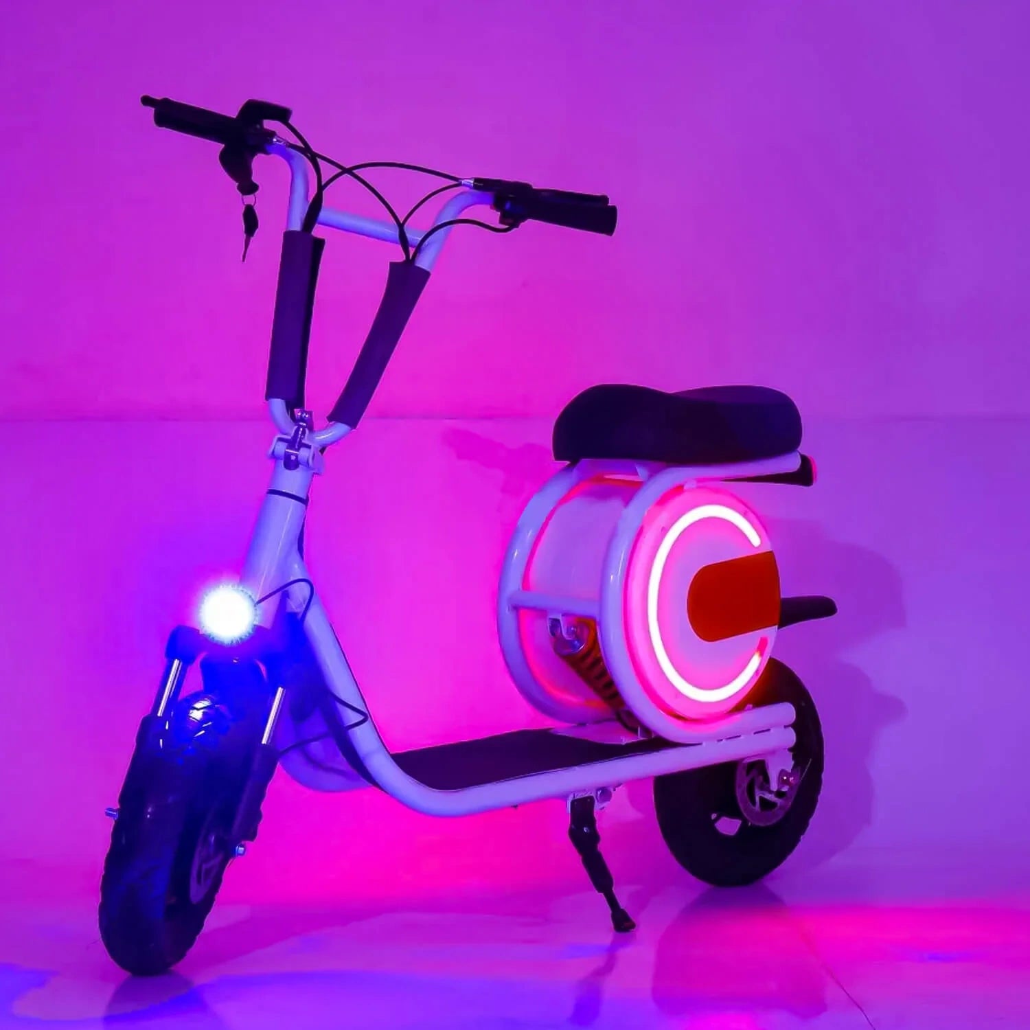 White electric scooter with neon lights on a pink background