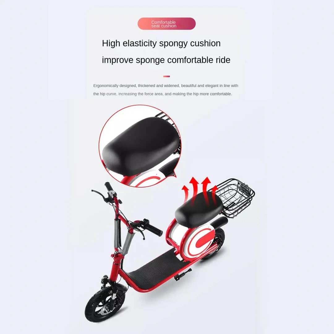 Red electric scooter with a black seat on a light gray background