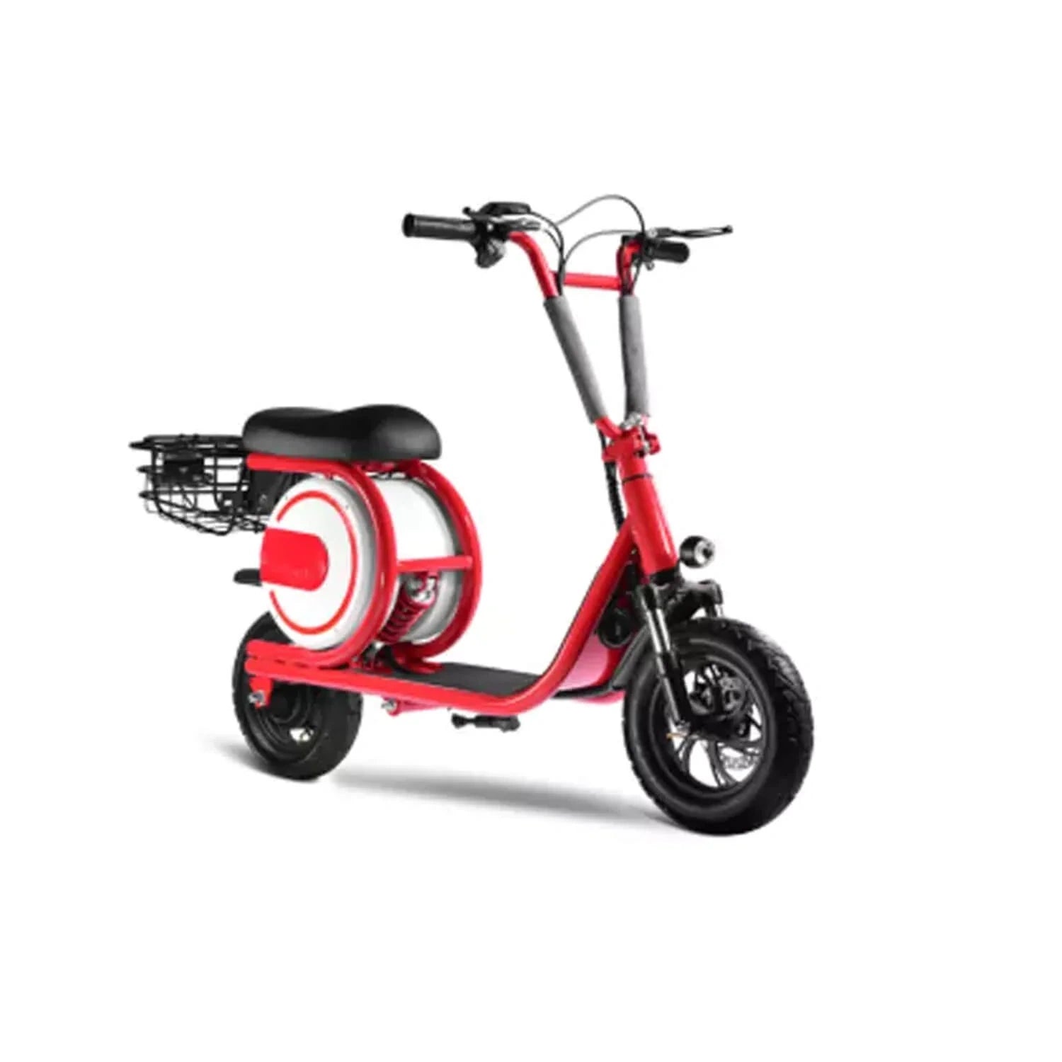 Red electric scooter with a black seat on a white background