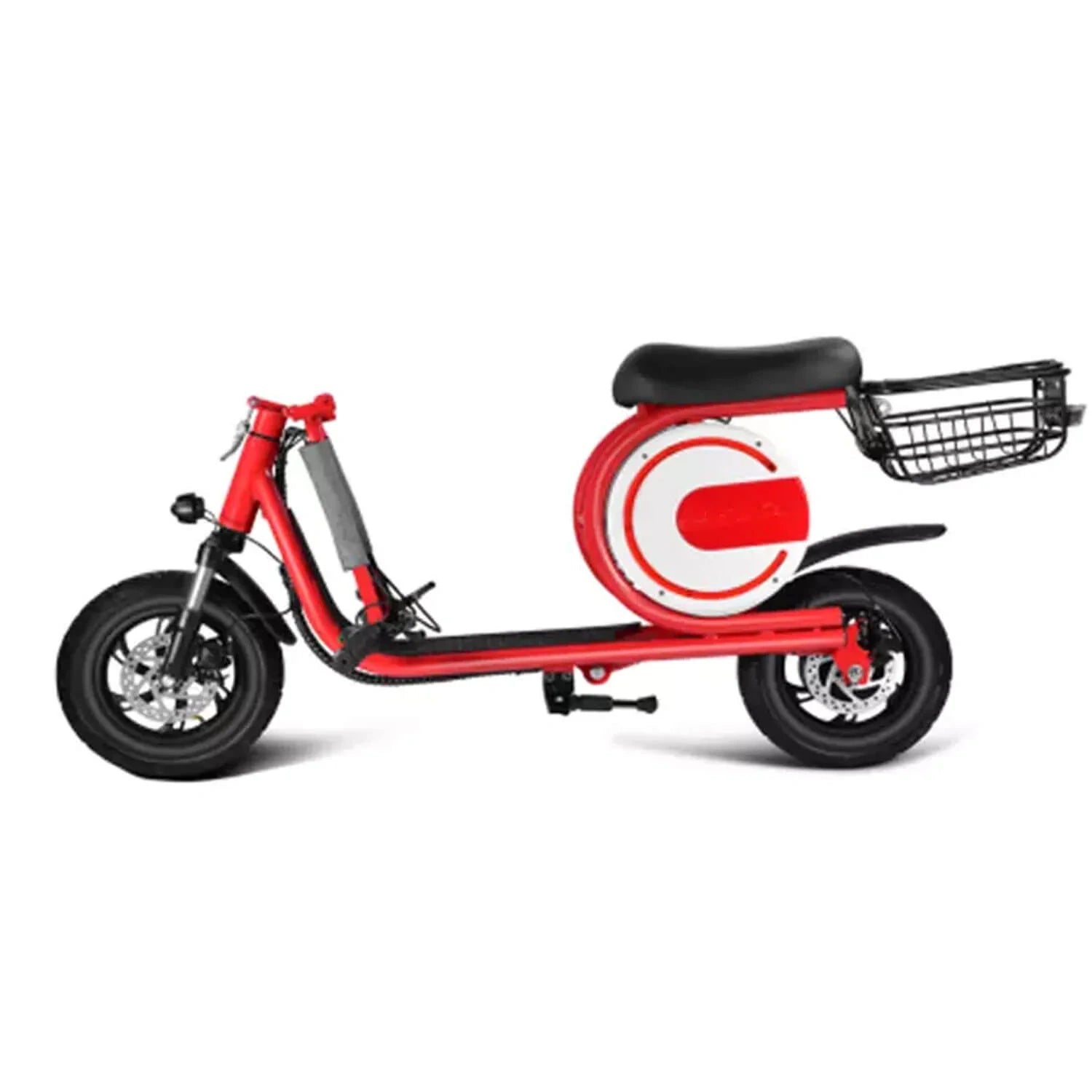 Red scooter with a black seat and basket on a white background