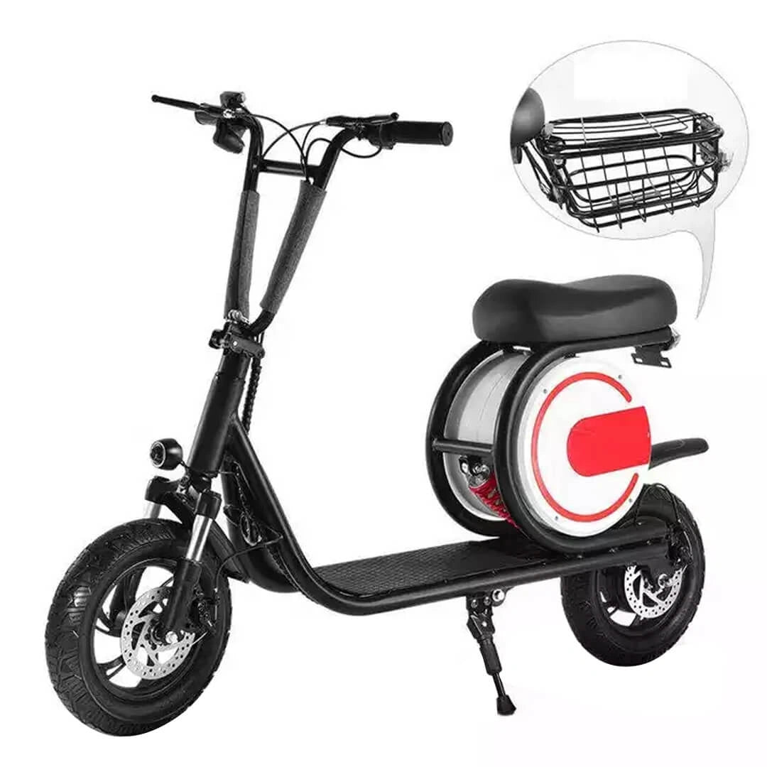 Black electric scooter with a red logo on a white background